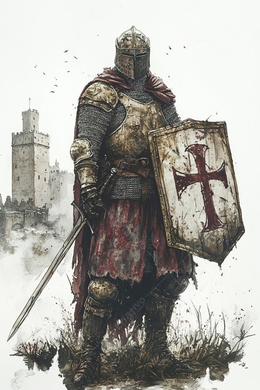 Cavaleiro medieval templário com armadura e espada diante de castelo ruído
