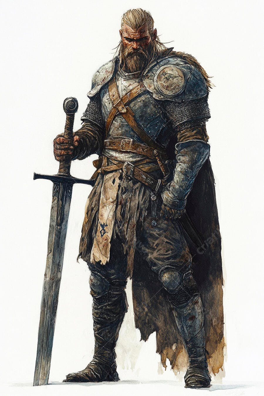 Guerreiro celta viking com barba loira e armadura de metal segurando espada grande