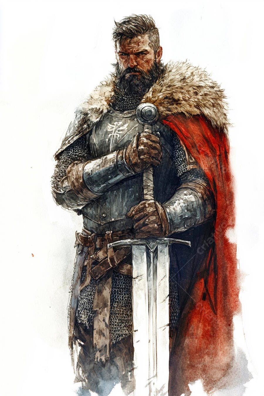 Homem guerreiro barbudo em armadura medieval com capa vermelha e espada