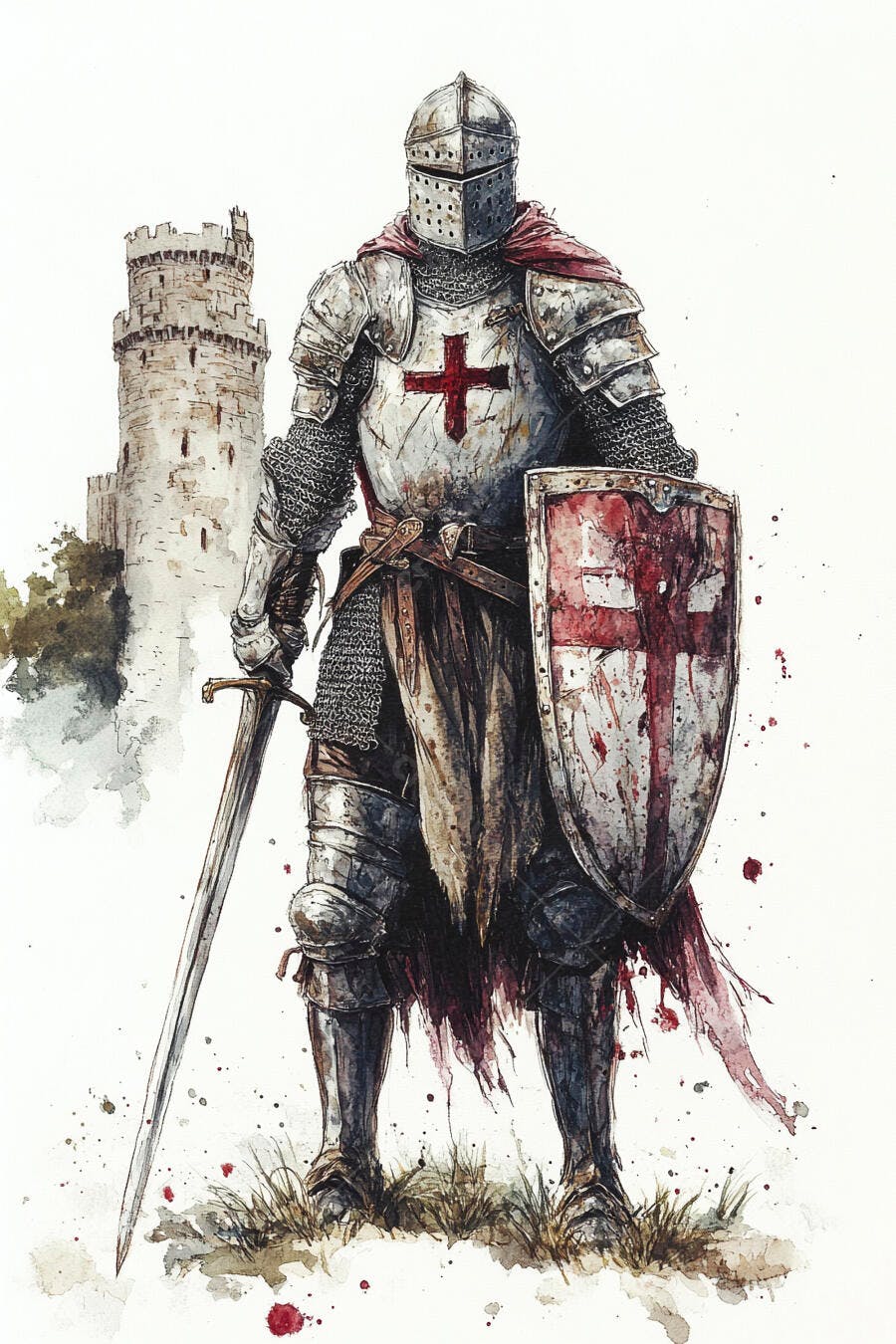 Cavaleiro medieval com armadura e escudo da cruz vermelha diante de castelo antigo