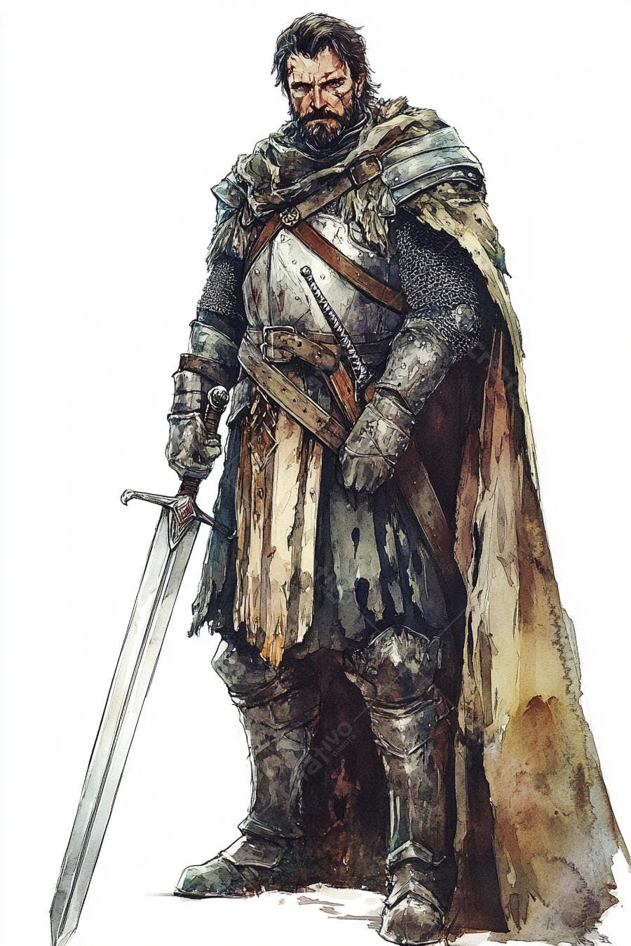 Guerreiro medieval barbudo com armadura cinza e espada grande em aquarela