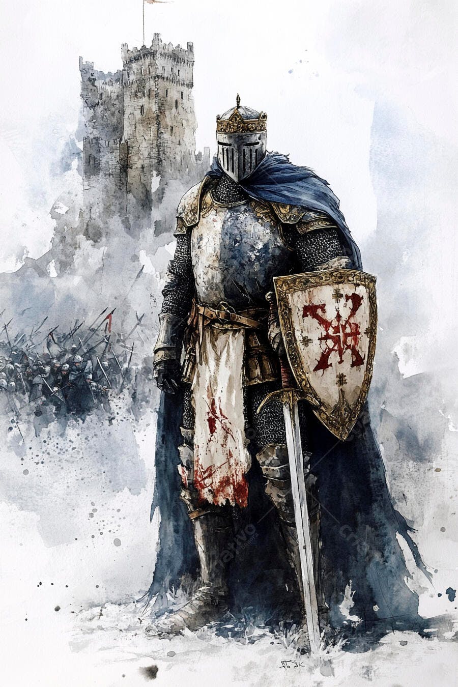 Cavaleiro medieval em armadura com capa azul em campo de batalha com castelo