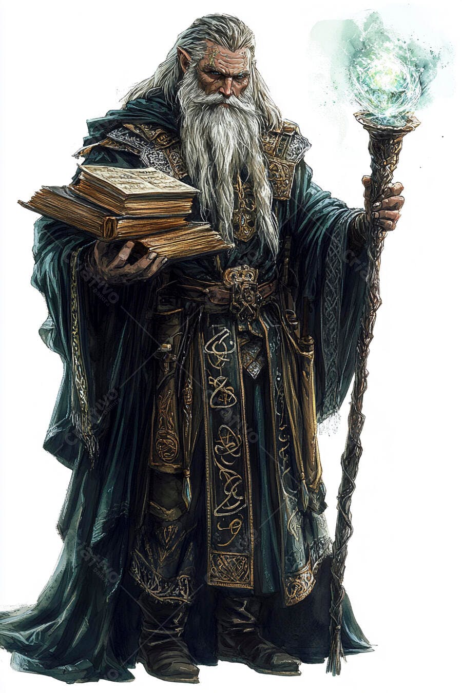 Mago elfo ancião de barba branca segurando livros e cajado mágico verde