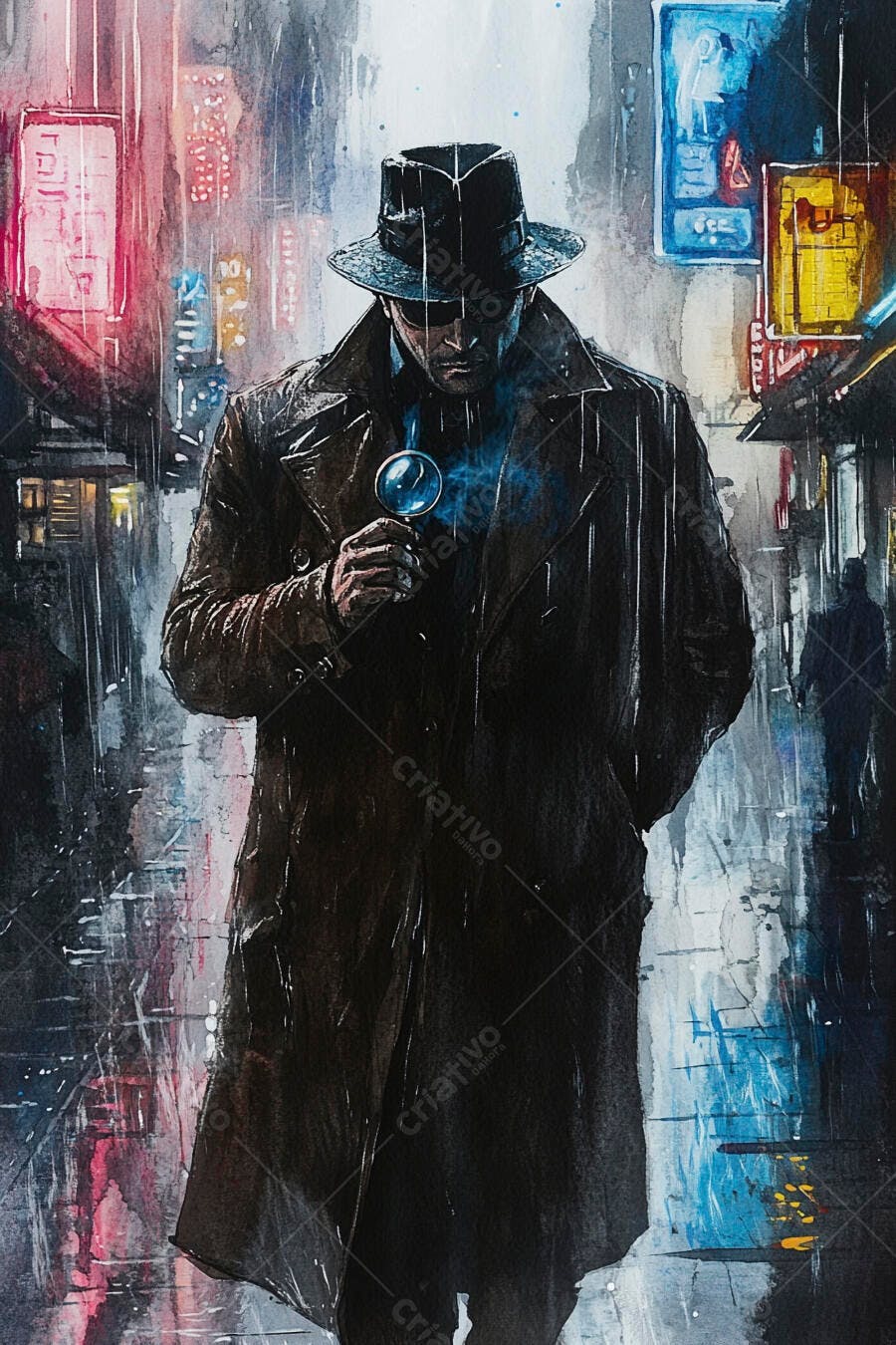 Detetive misterioso com lupa em beco chuvoso de cidade noturna com neons