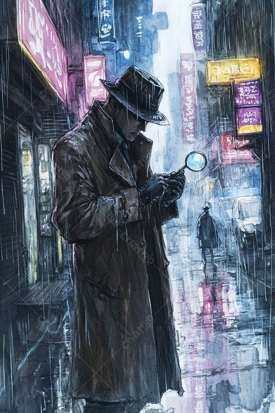 Detetive de chapéu e trench coat com lupa na rua chuvosa noturna neon