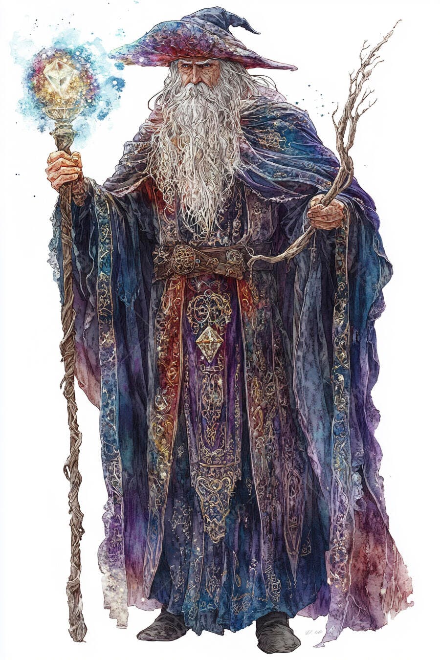 Mago ancião de barba branca com cajado mágico e manto roxo bordado