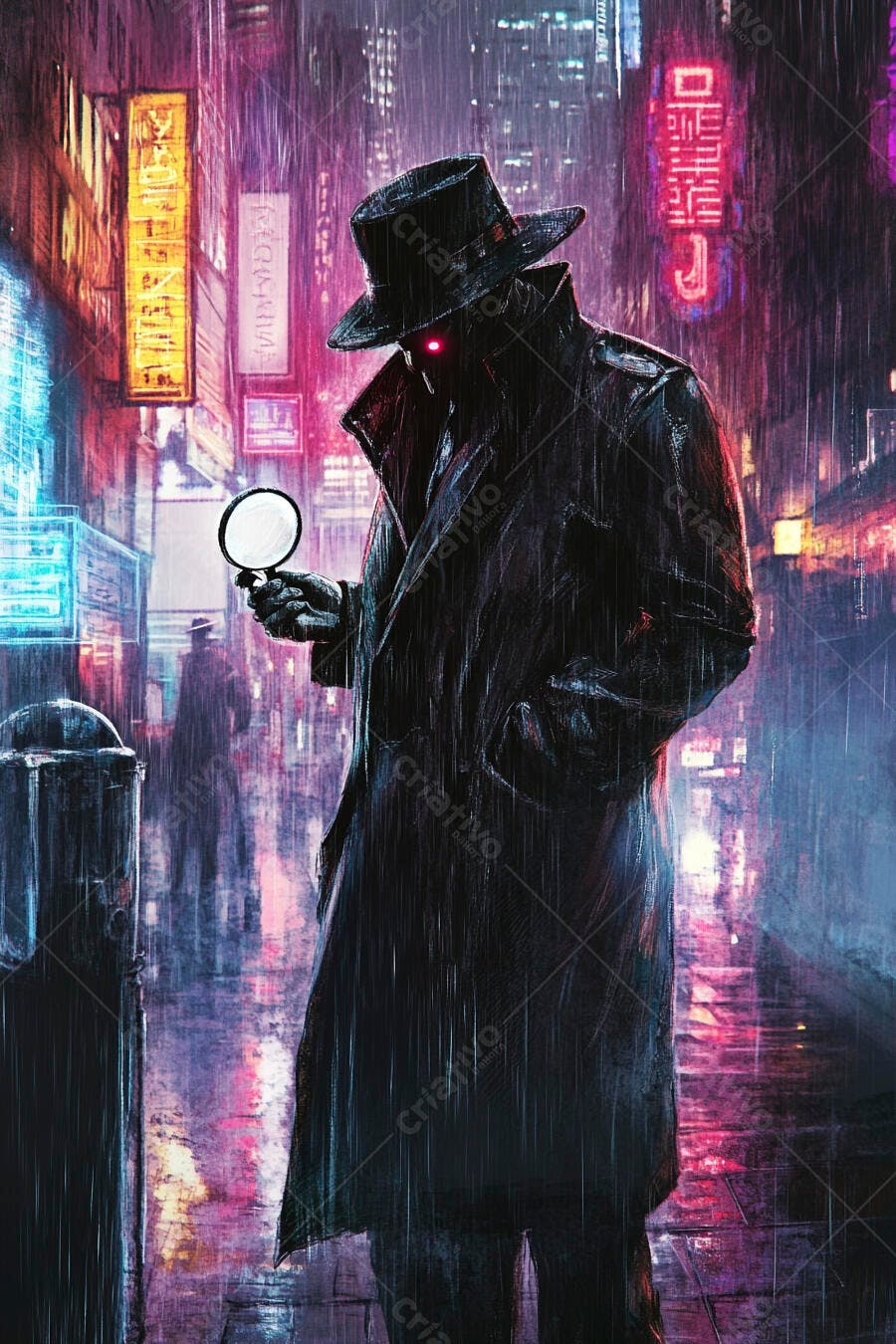 Detetive misterioso em fedora e capa com olhos vermelhos na chuva noturna da cidade cyberpunk