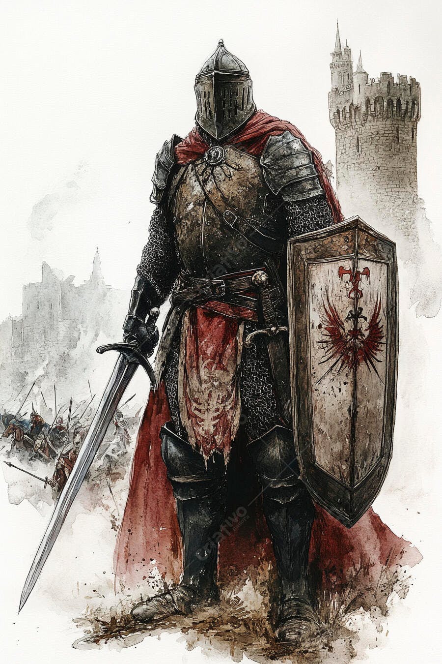 Cavaleiro medieval com armadura escura e capa vermelha em campo de batalha com castelo