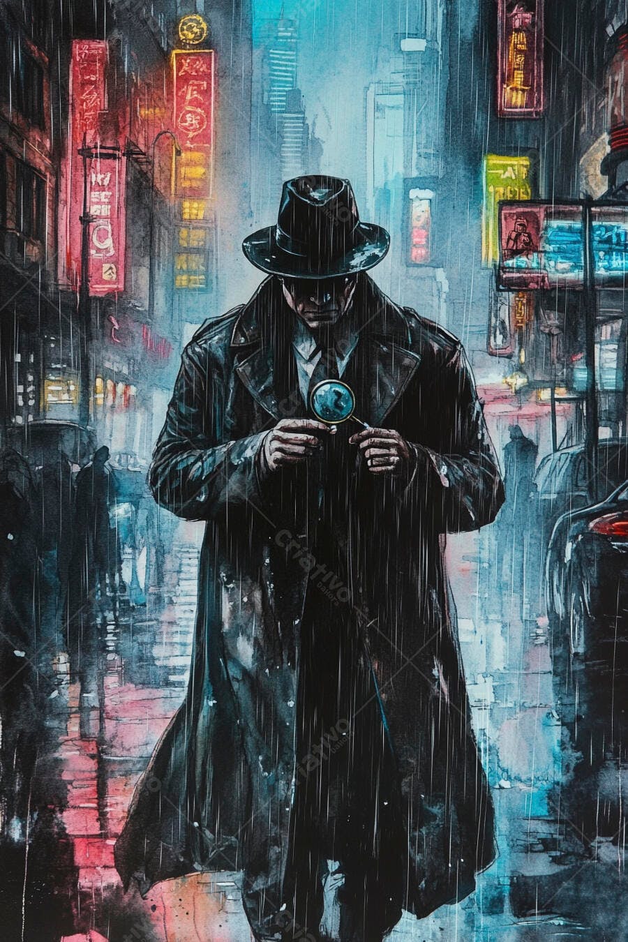 Detetive homem com lupa na cidade chuvosa noturna luzes neon estilo noir