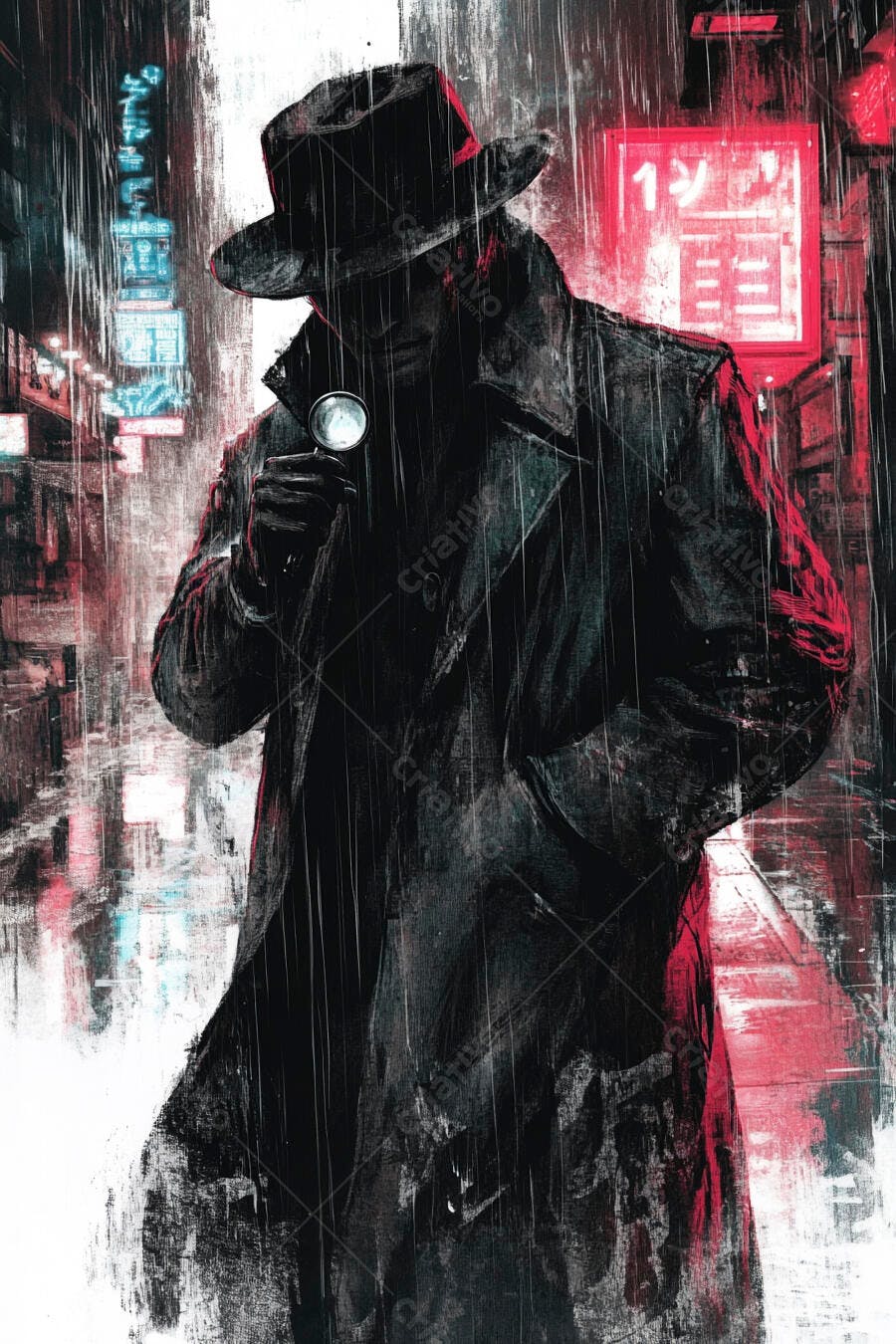 Detetive misterioso com lupa em rua chuvosa neon noturna