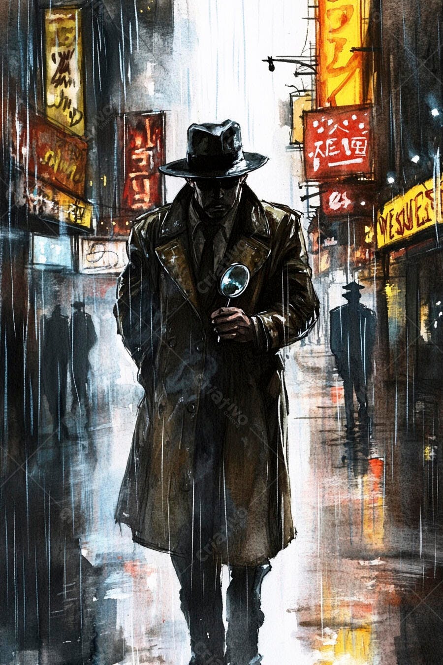 Detetive homem com sobretudo e chapéu segurando lupa andando na chuva noturna em rua asiática