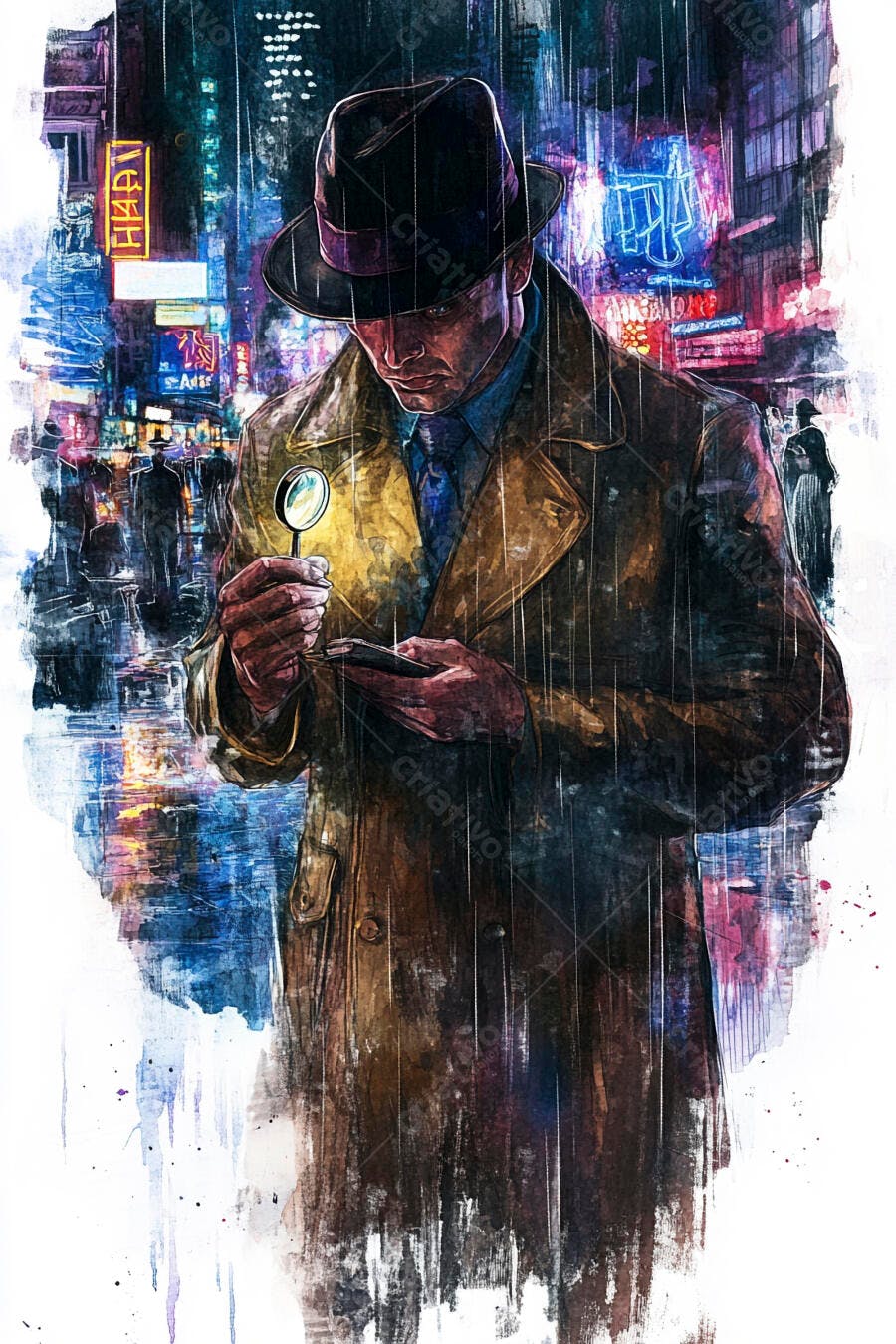 Homem detetive com lupa e celular na chuva noturna da cidade neon