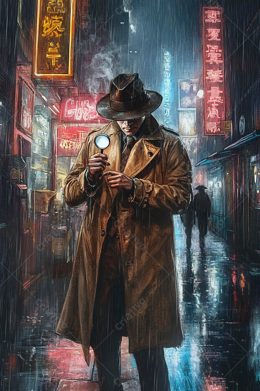 Detetive misterioso com gabardine e lupa em rua chuvosa noturna com luzes neon
