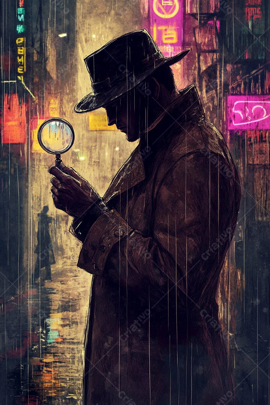 Detetive com chapéu e lupa na chuva noturna da cidade com luzes neon