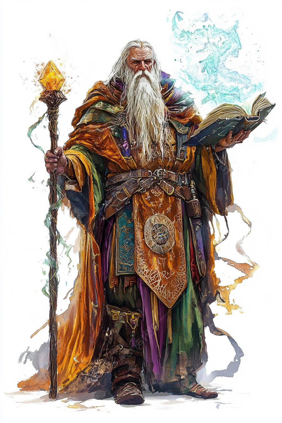 Mago ancião de barba branca com túnicas coloridas cajado e livro de feitiços