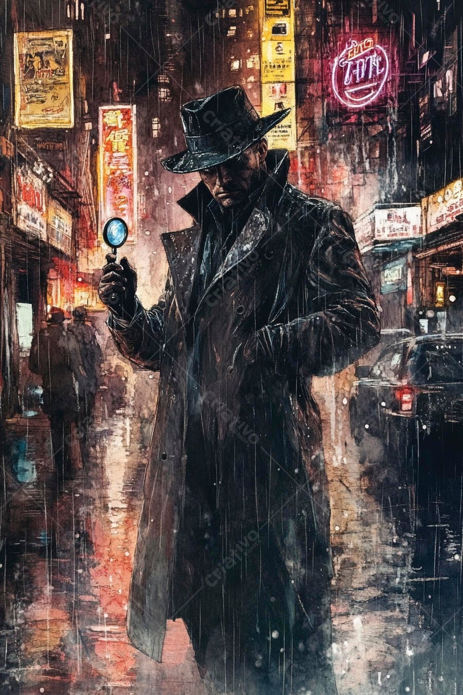 Detetive misterioso com lupa na rua chuvosa à noite urbana