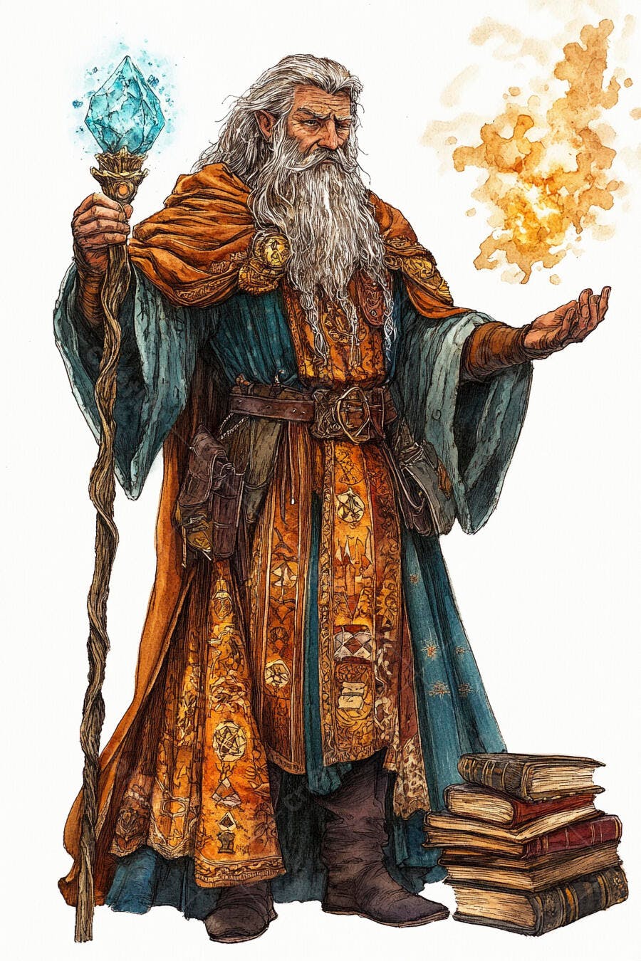 Mago ancião de barba branca com vestes laranjas e azuis conjurando magia