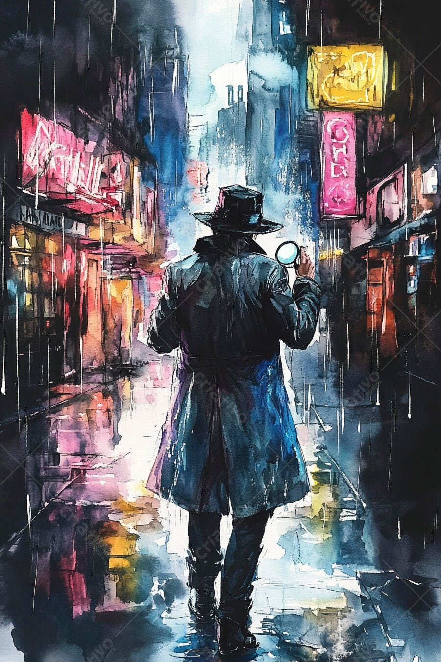 Detetive com capa e chapéu investigando em rua neon chuvosa à noite