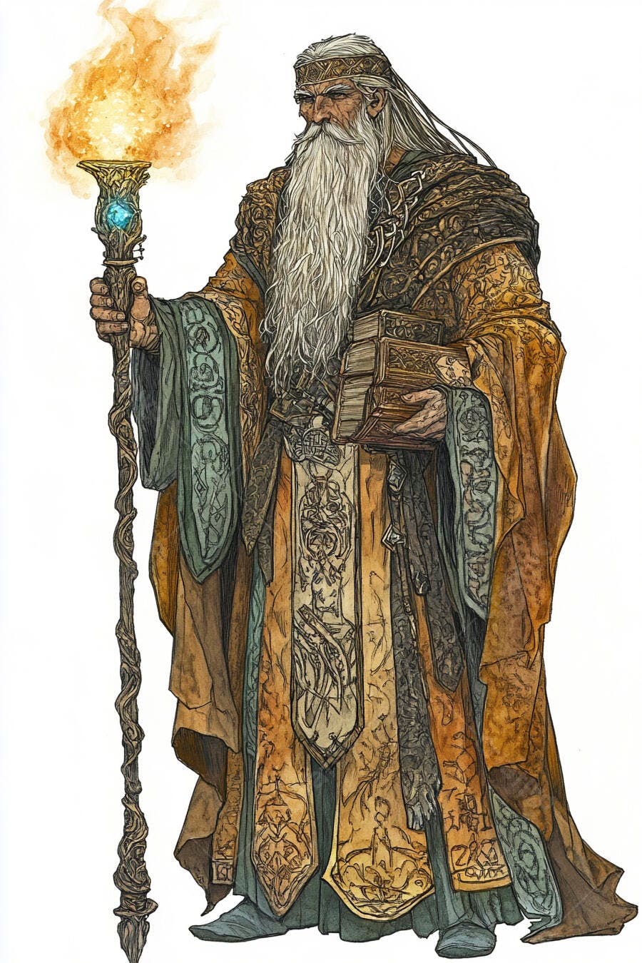 Mago ancião com cajado mágico flamejante e livros antigos sabedoria mística