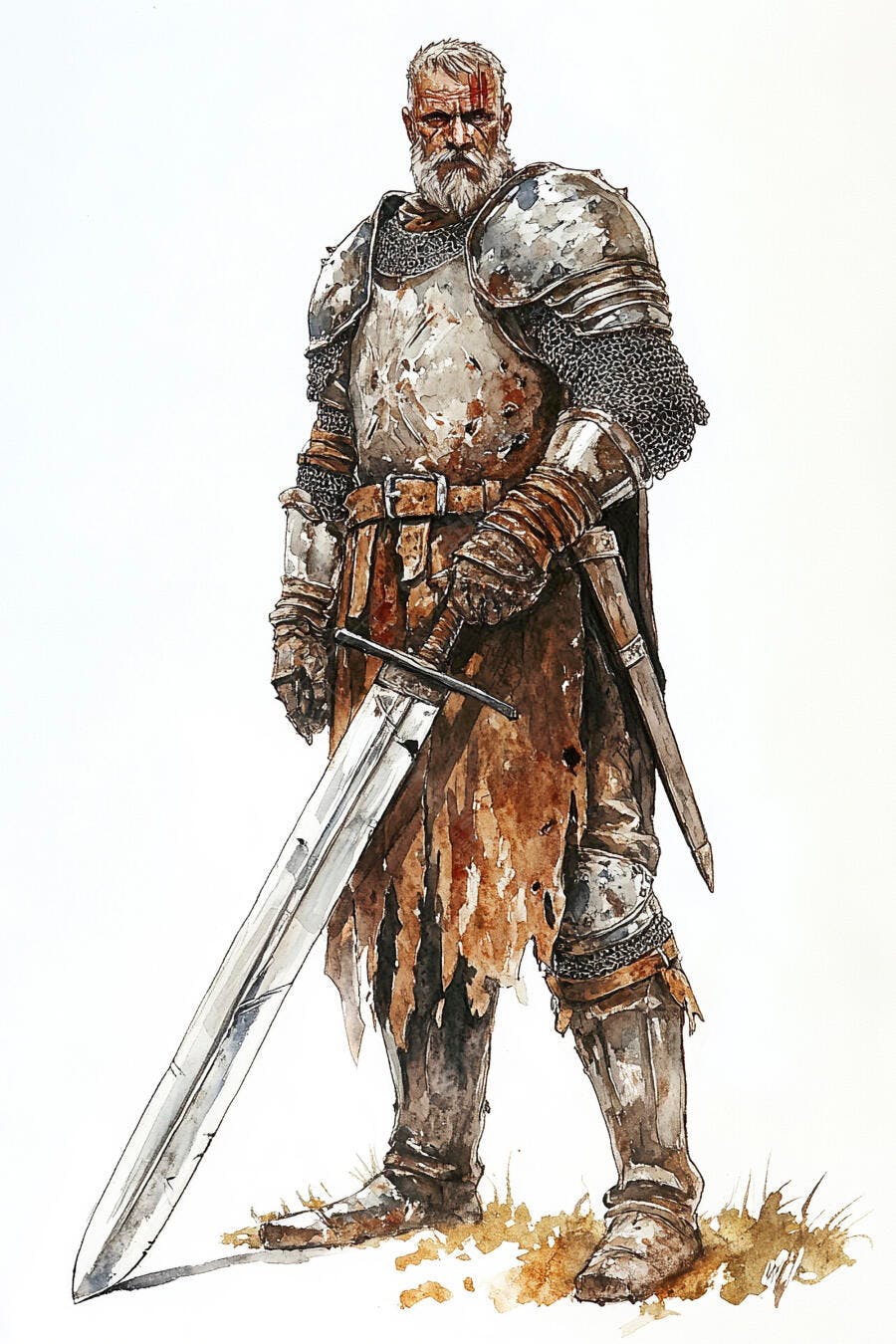 Guerreiro medieval barbudo com armadura cinza e espada grande contra fundo branco