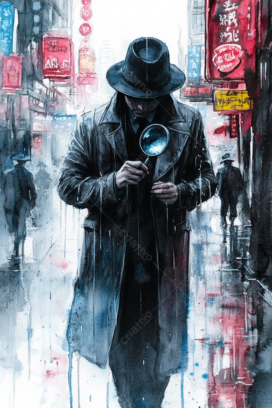 Detetive com chapéu e lupa em rua chuvosa noturna estilo aquarela