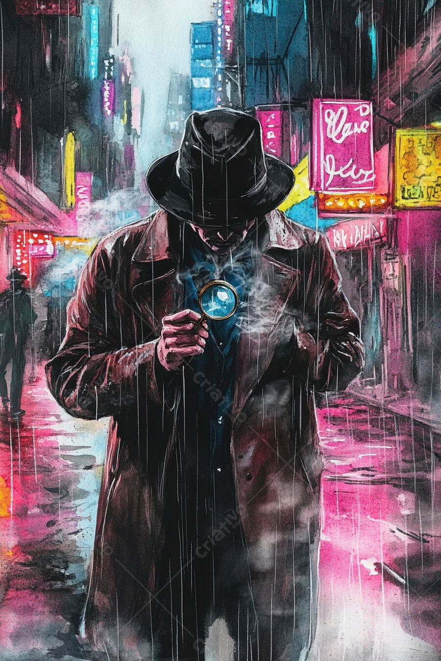 Detetive homem de chapéu e sobretudo em rua chuvosa segurando lupa com luzes neon