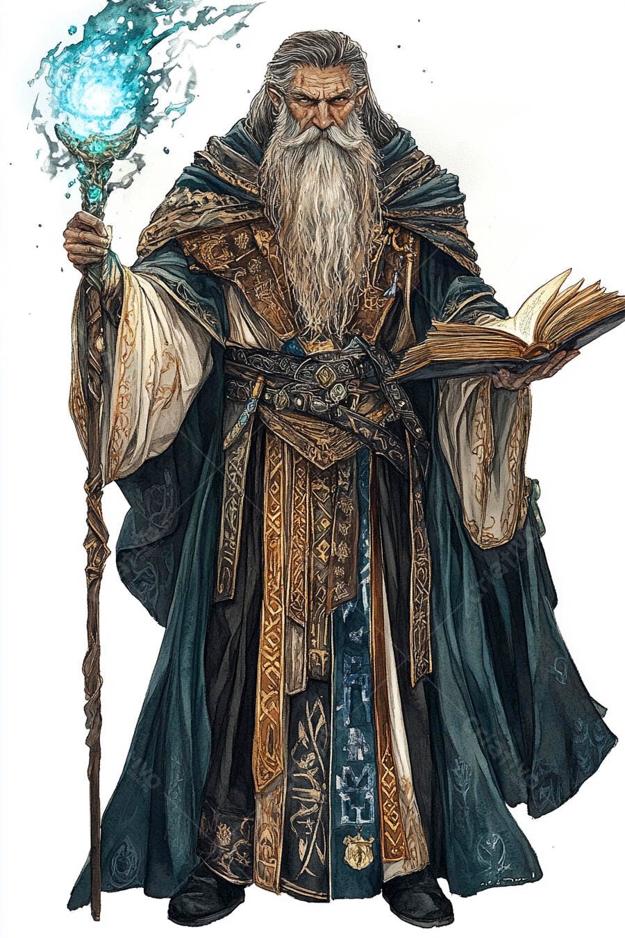 Mago ancião com barba branca cajado mágico azul e livro antigo