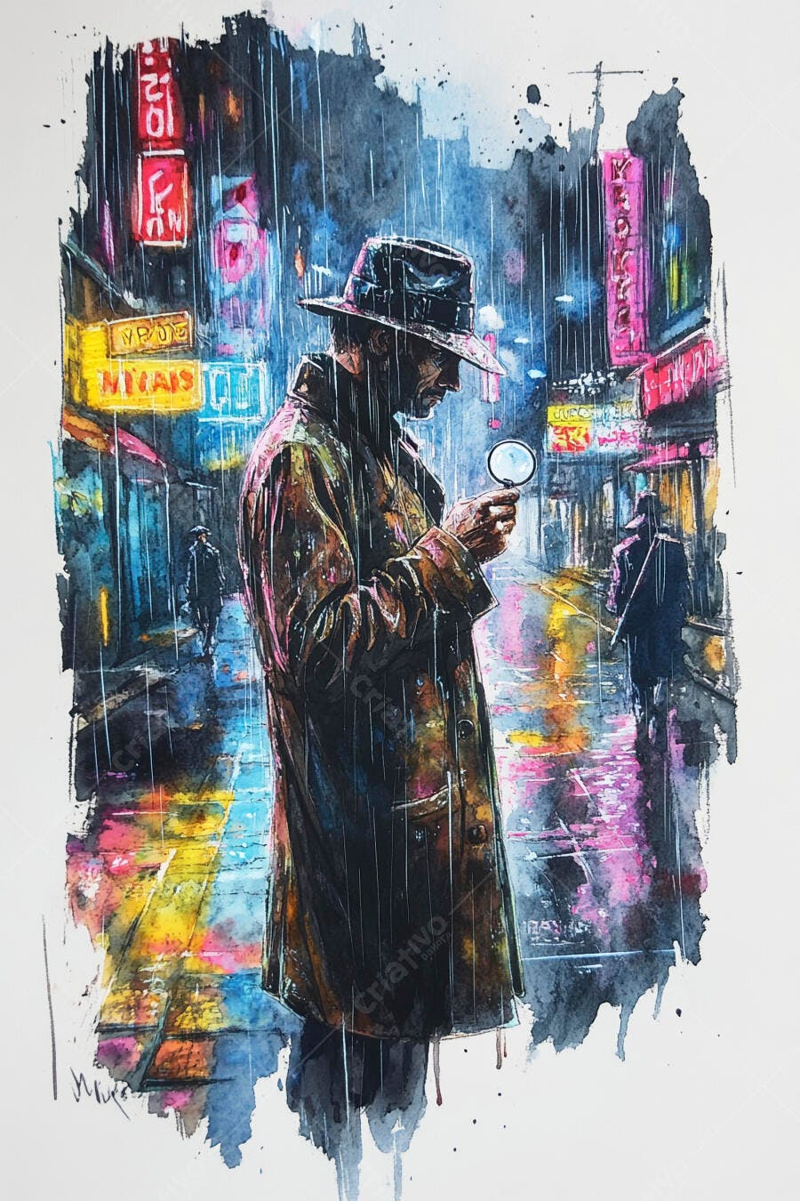 Detetive com lupa em rua chuvosa noturna com luzes neon vibrantes
