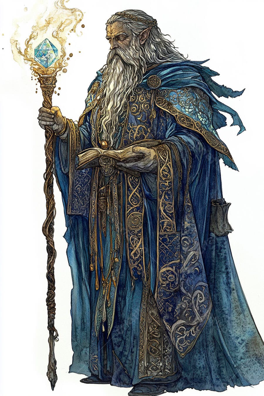 Mago elfo ancião barba branca túnica azul dourada cajado mágico e livro antigo
