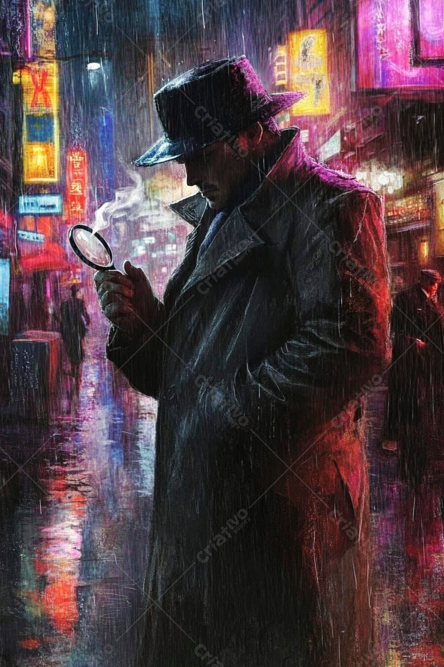 Detetive solitário na chuva examinando pista em rua neon noturna
