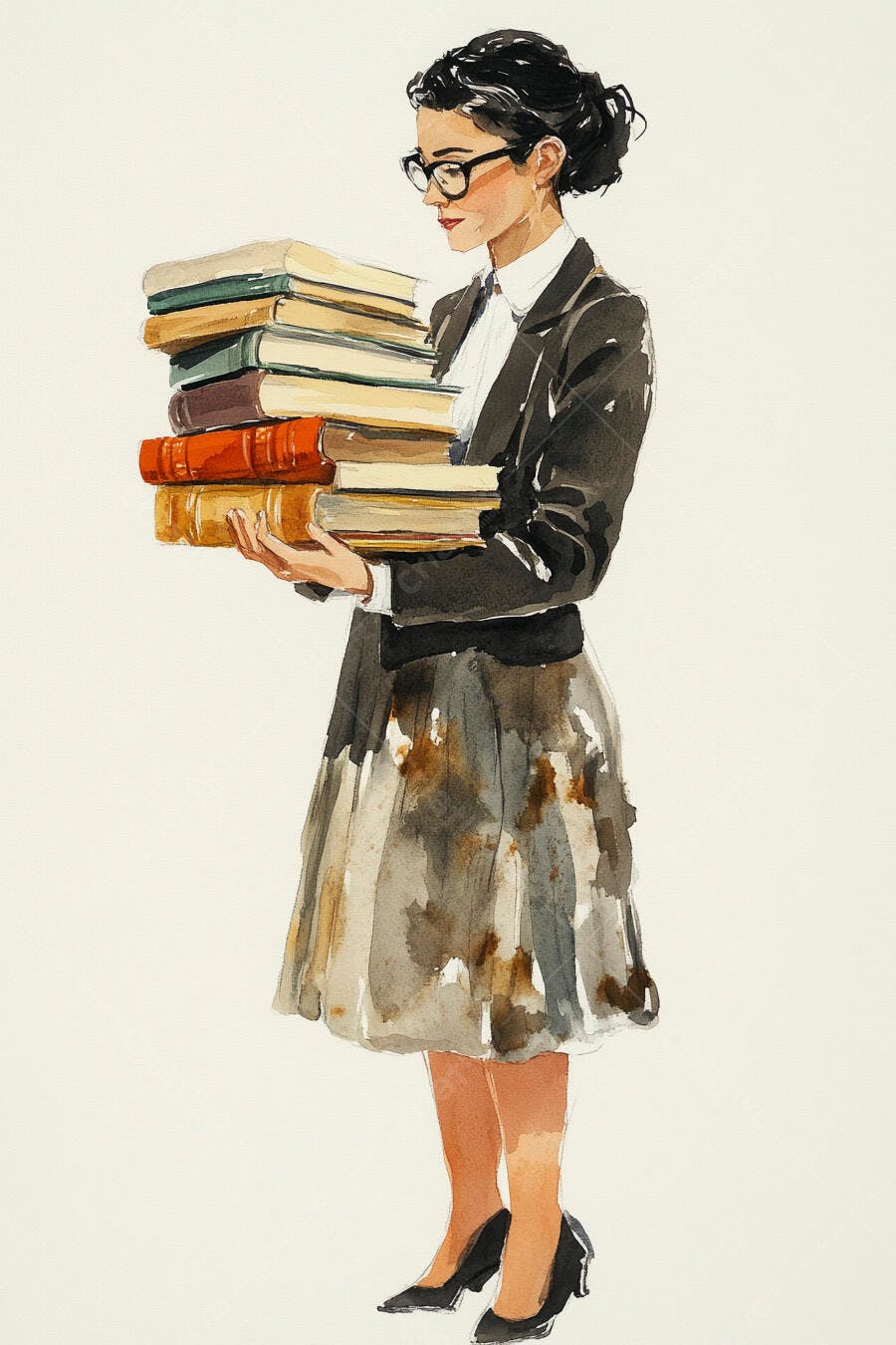 Mulher de óculos profissional carregando pilha de livros aquarela