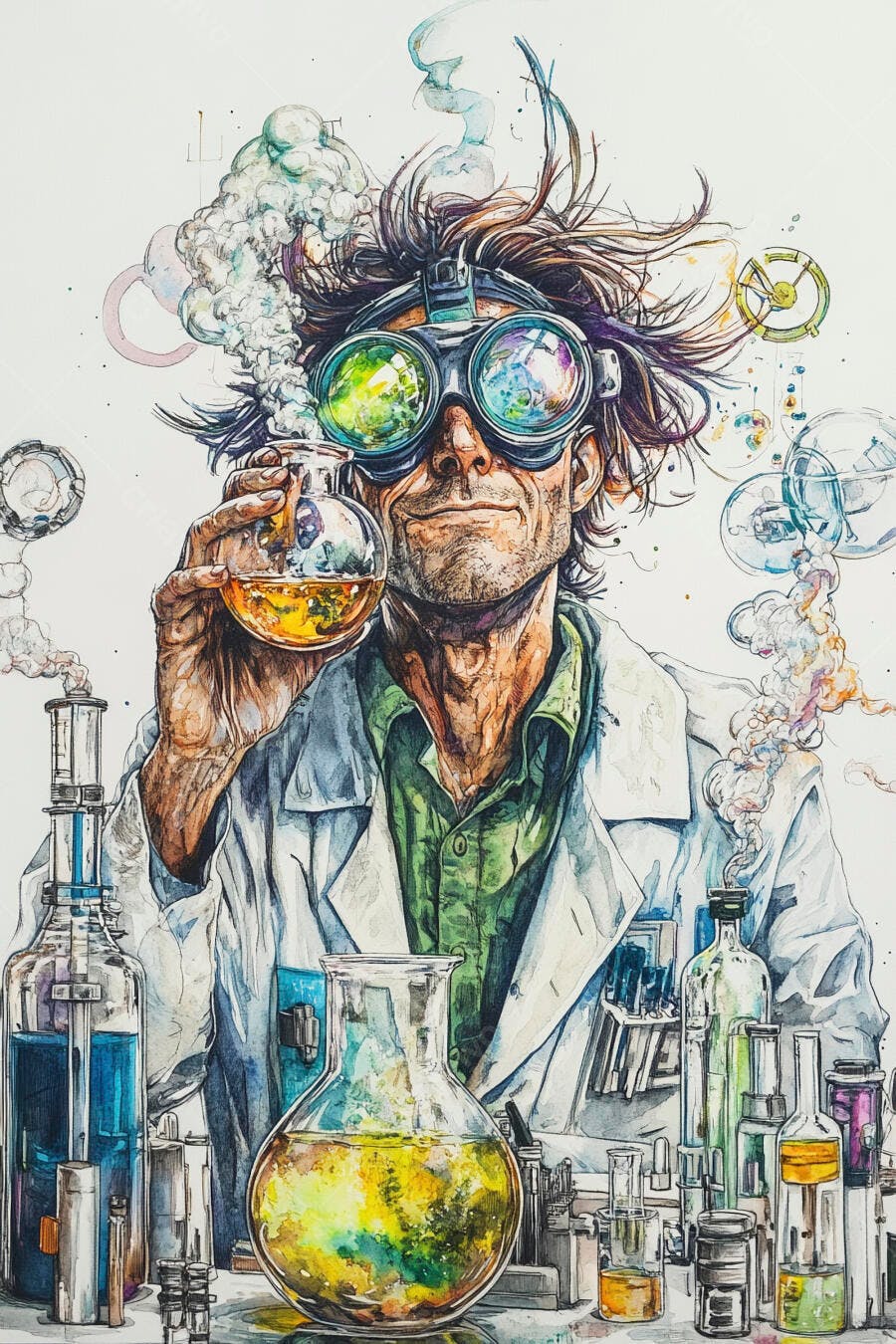 Cientista homem com óculos de proteção coloridos segurando frasco borbulhante em laboratório