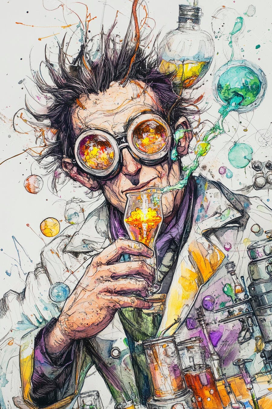 Cientista maluco com cabelo espetado e óculos, experimentando substâncias coloridas