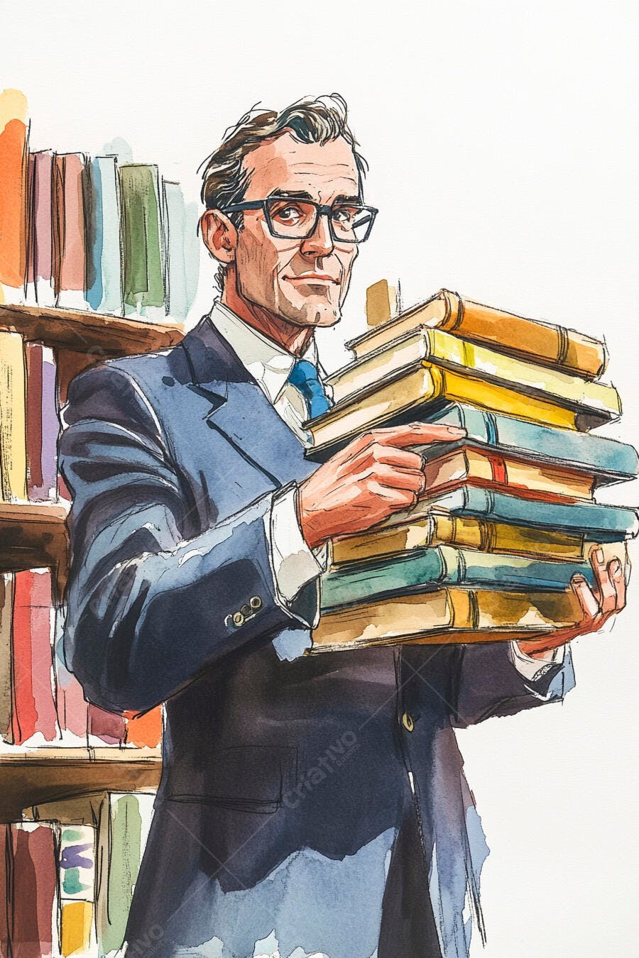 Homem intelectual de óculos e terno azul segurando livros em biblioteca sorrindo