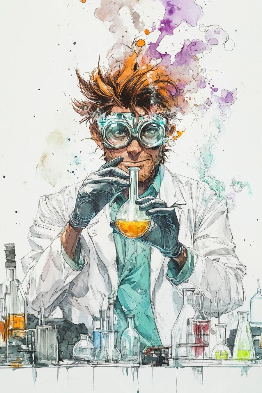 Cientista masculino com óculos e cabelo bagunçado sorrindo em laboratório com frasco laranja