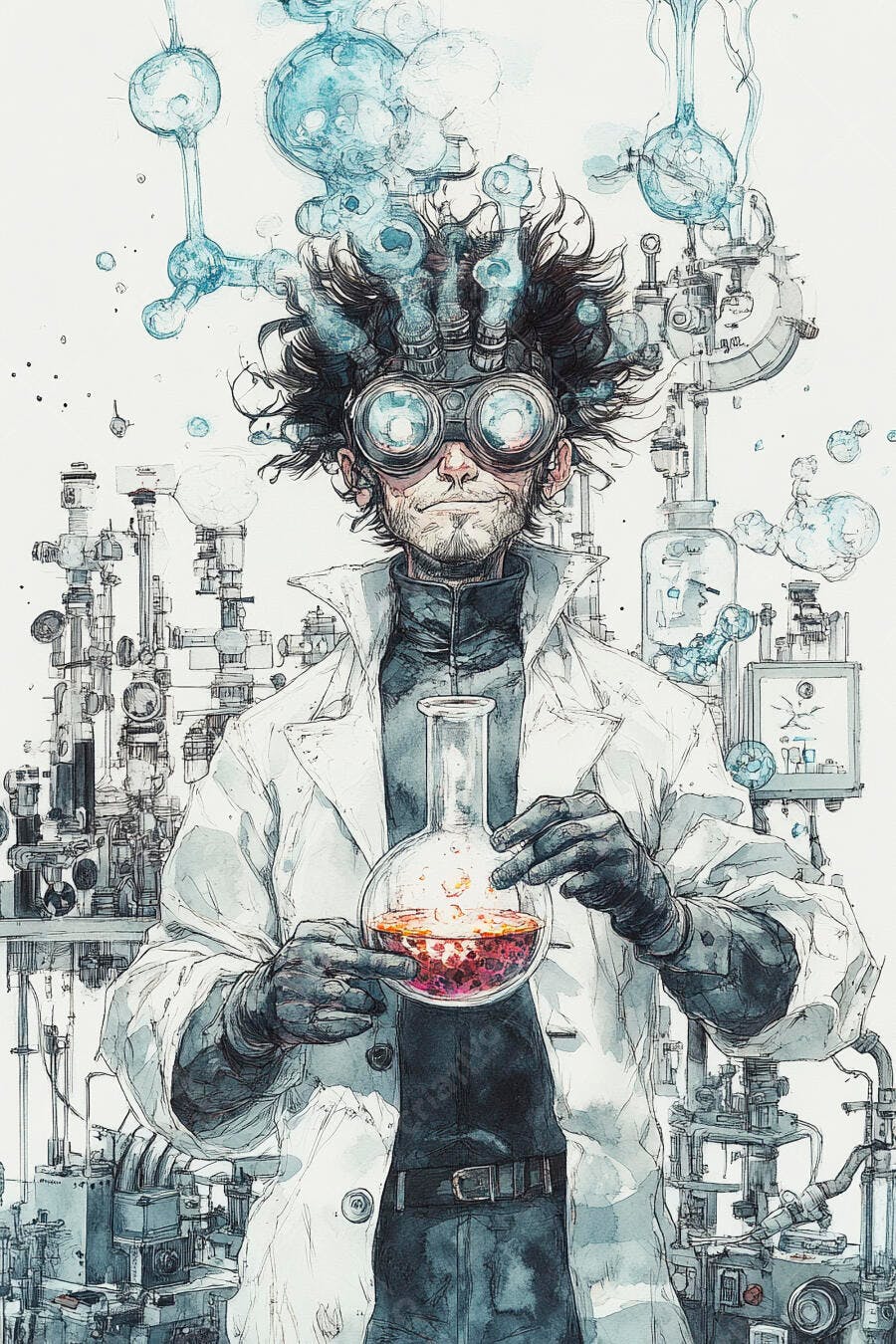 Cientista homem caucasiano óculos e cabelo espetado com frasco líquido vermelho em laboratório