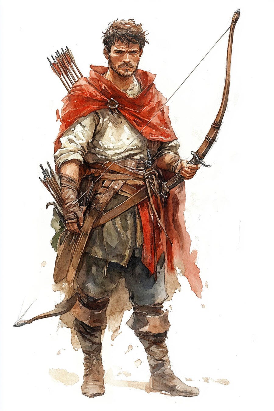 Homem arqueiro de capa vermelha com arco em pose heroica ilustração