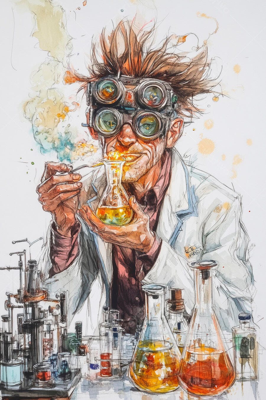 Cientista maluco caucasiano sorrindo em laboratório com experimento explosivo e fumaça colorida