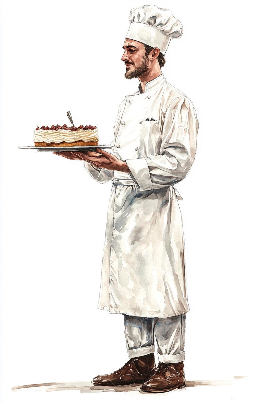 Chef sorridente homem caucasiano segurando bolo de frutas vermelhas em aquarela