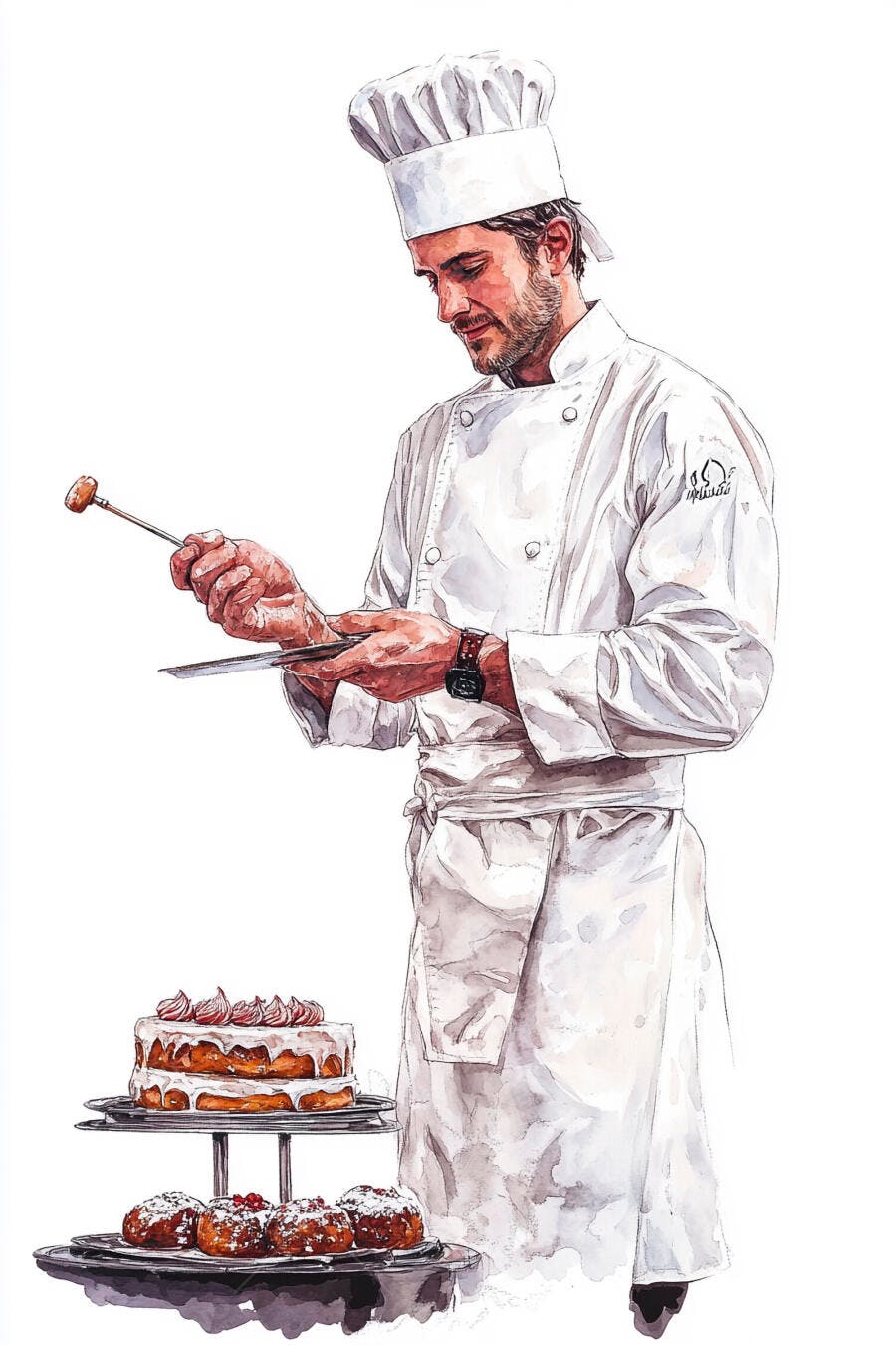 Chef confeiteiro masculino decorando bolo branco e doces artesanais com foco