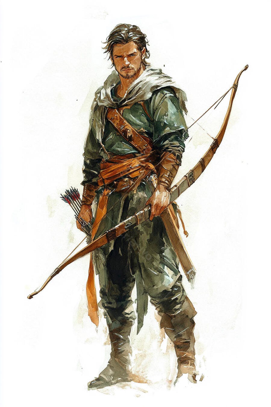 Arqueiro homem caucasiano com arco e flechas ilustração aquarela fantasia