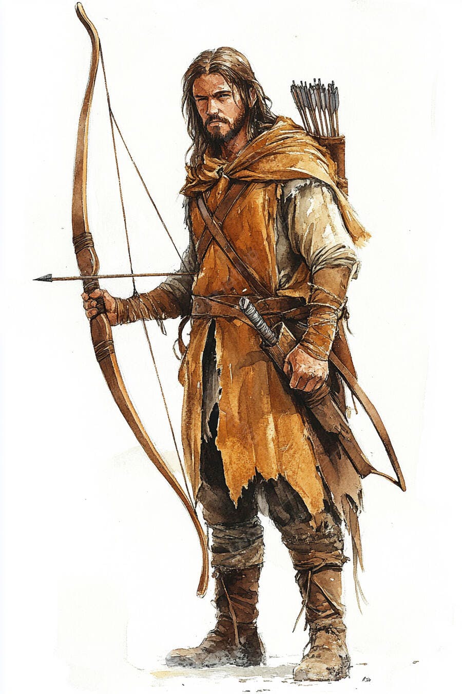 Homem arqueiro barbudo em vestes rústicas com arco e flecha ilustração aquarela