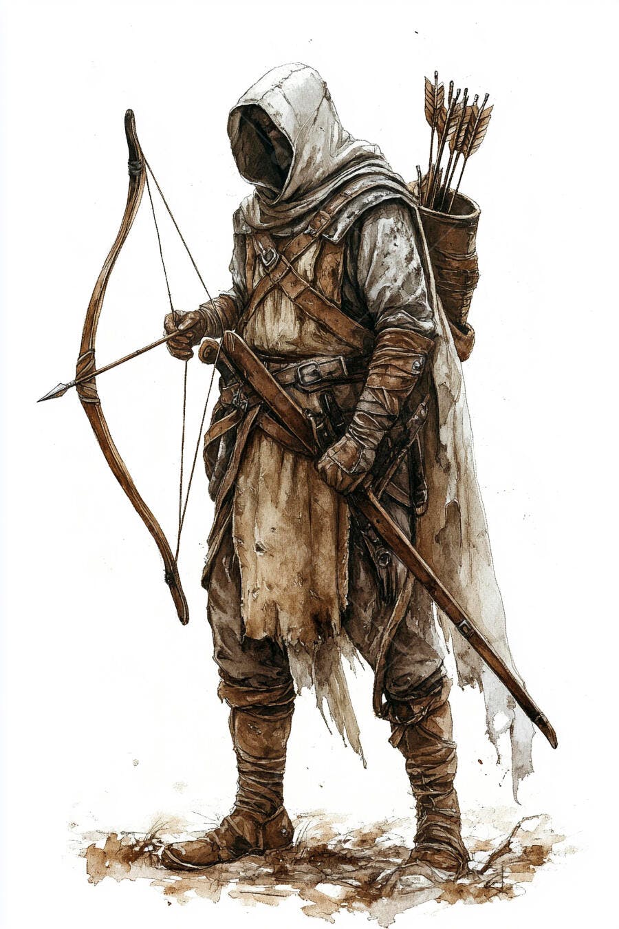 Arqueiro encapuzado com arco e flecha em vestes rústicas ilustração fantasia