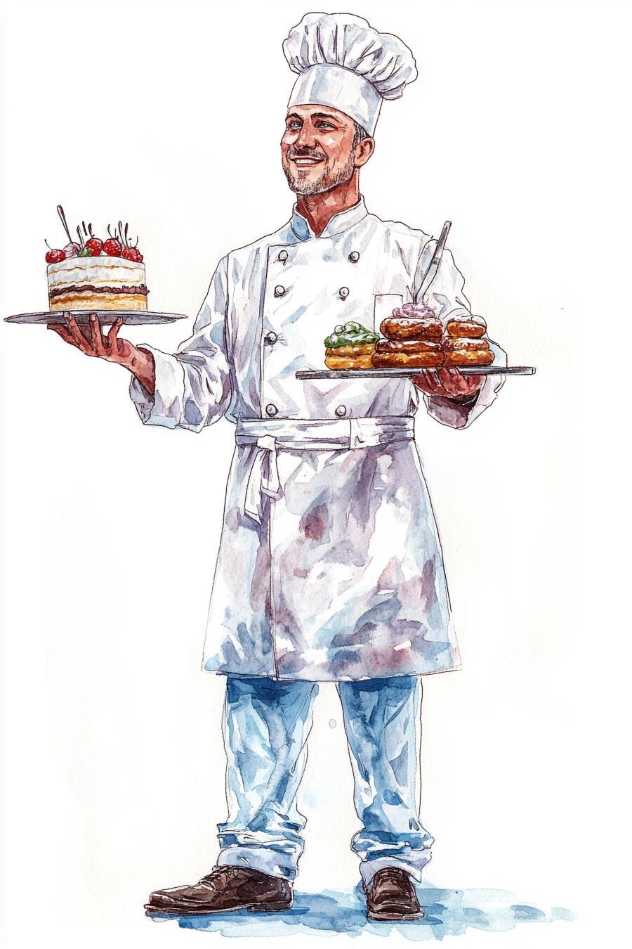 Padeiro feliz homem caucasiano uniforme branco segurando torta e doces em fundo branco