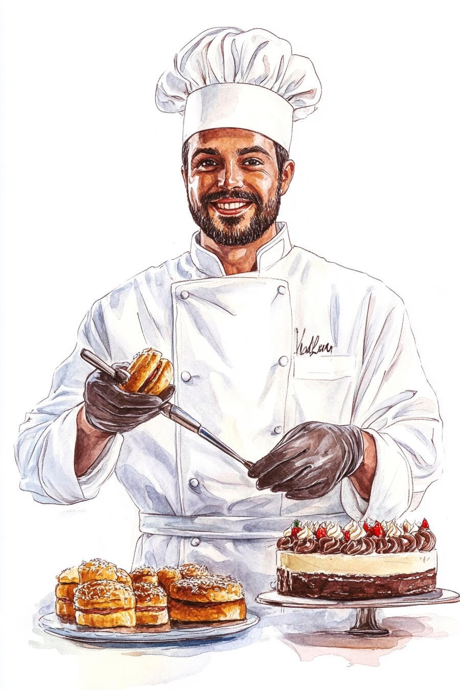 Chef confeiteiro de pele morena sorrindo com doces e bolo de chocolate