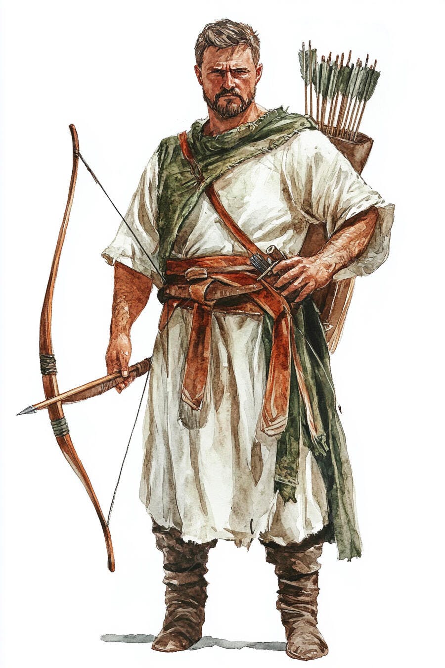 Guerreiro medieval europeu barbudo com arco flecha e túnica branca