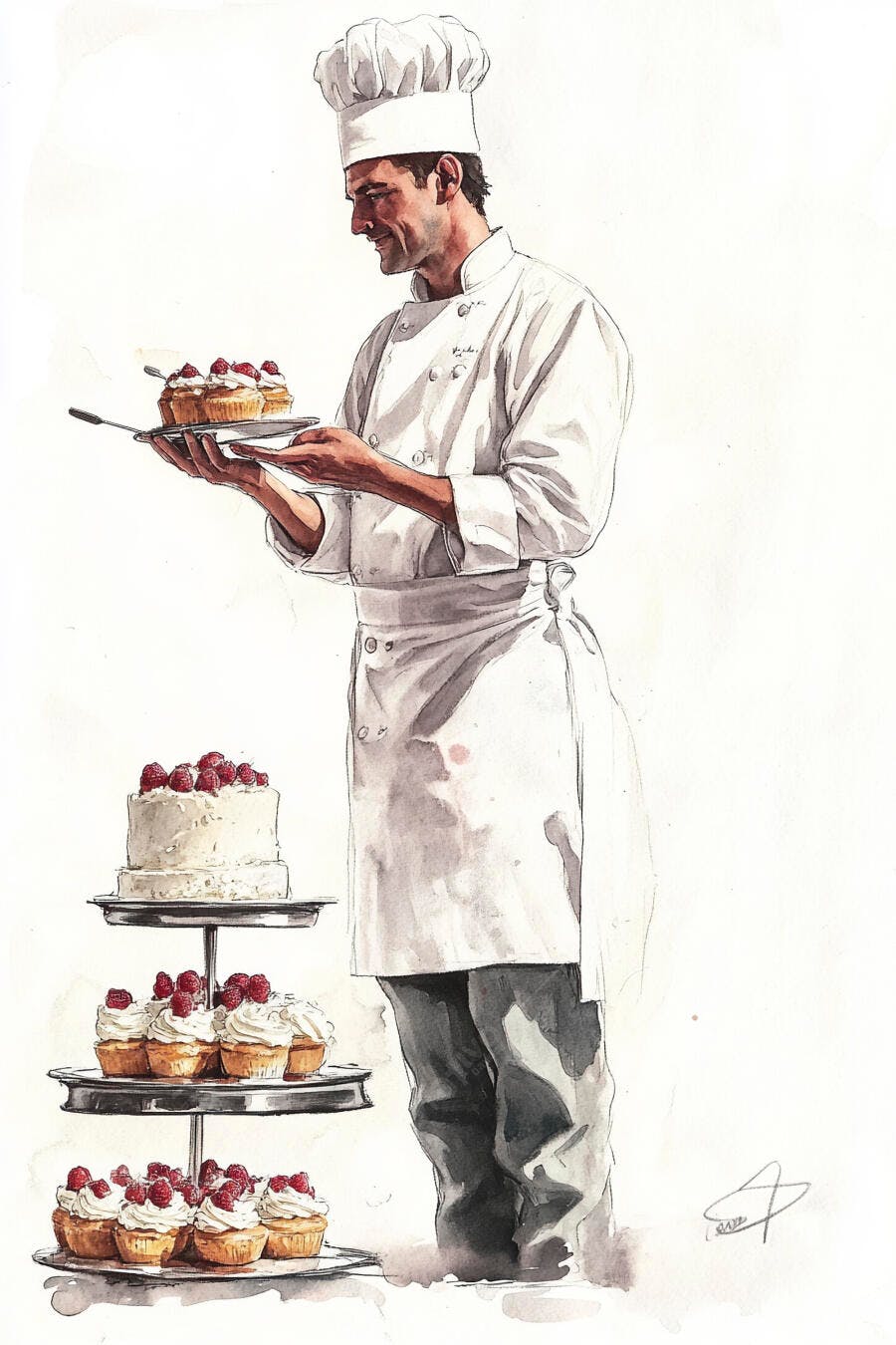 Chef masculino preparando cupcakes e bolo com framboesas ilustração aquarela