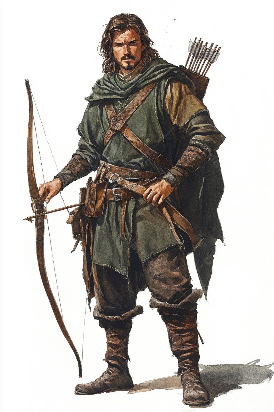 Homem arqueiro caucasiano com arco flechas e vestes marrons e verdes medievais