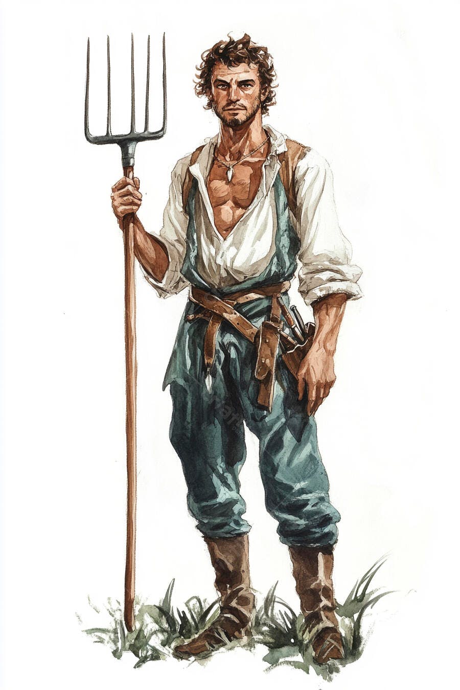 Agricultor homem caucasiano com forcado barba e camisa aberta aquarela