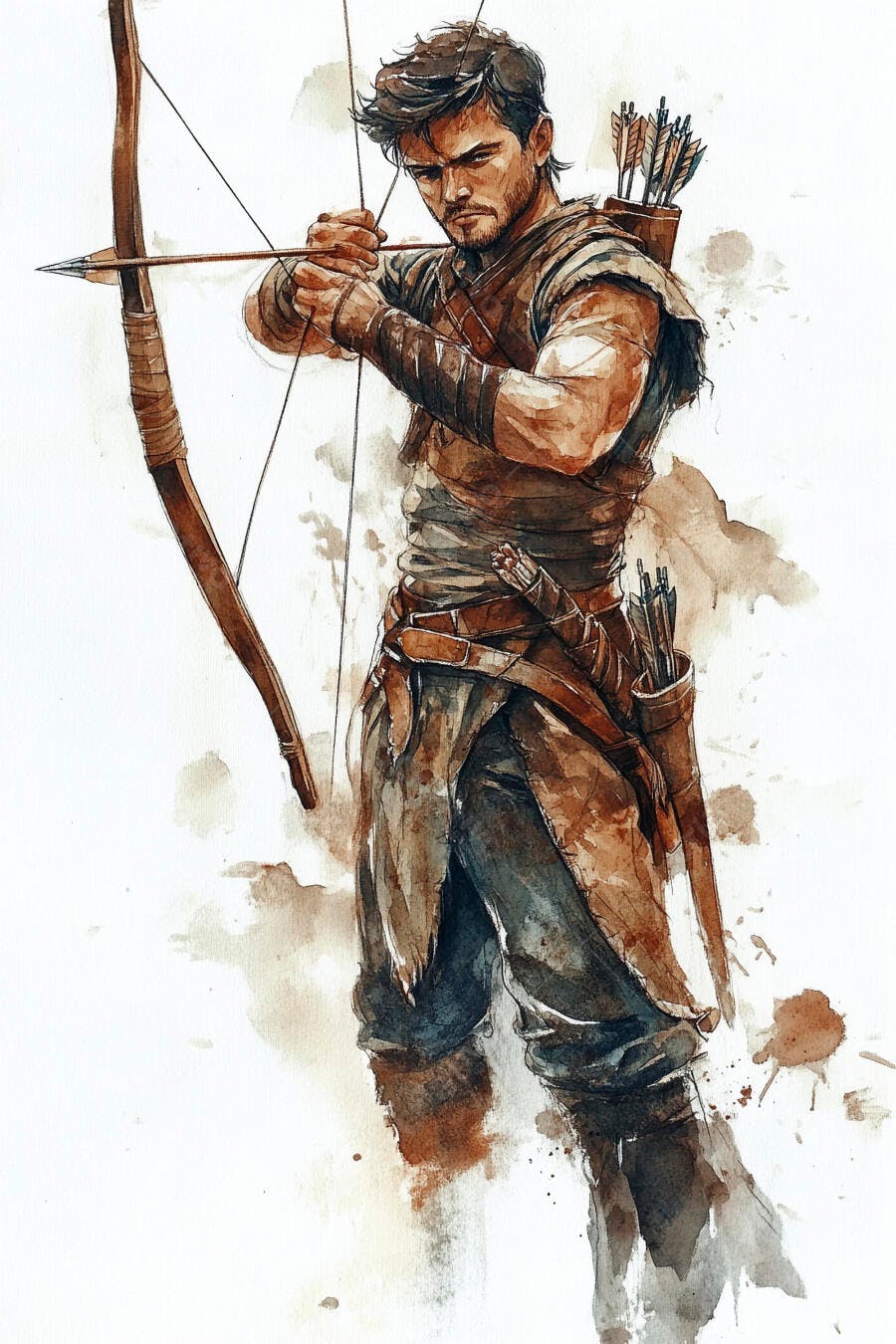 Arqueiro homem forte com barba mirando arco e flecha em estilo aquarela rústico